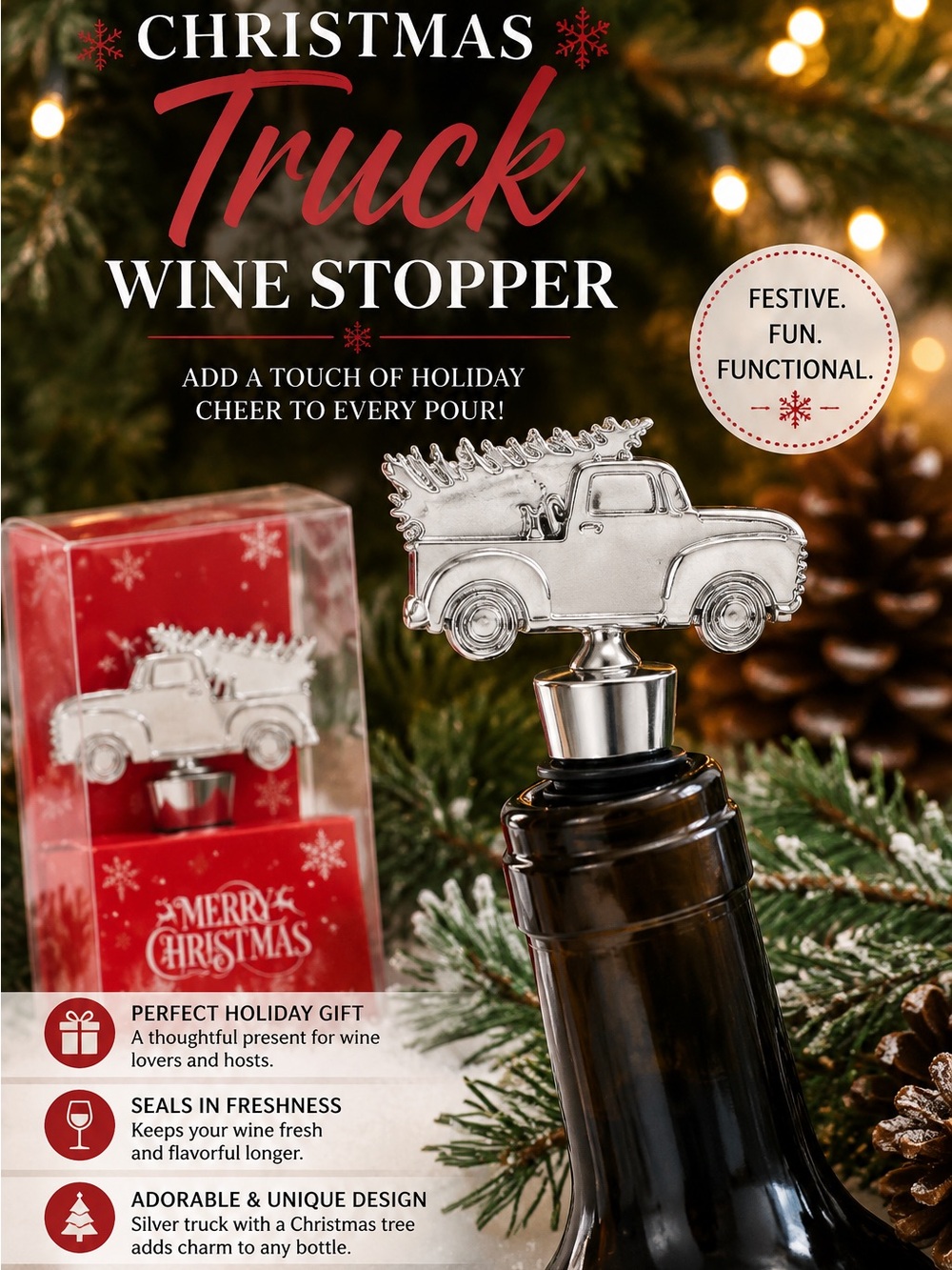 Christmas Truck Wine Stopper - Silver